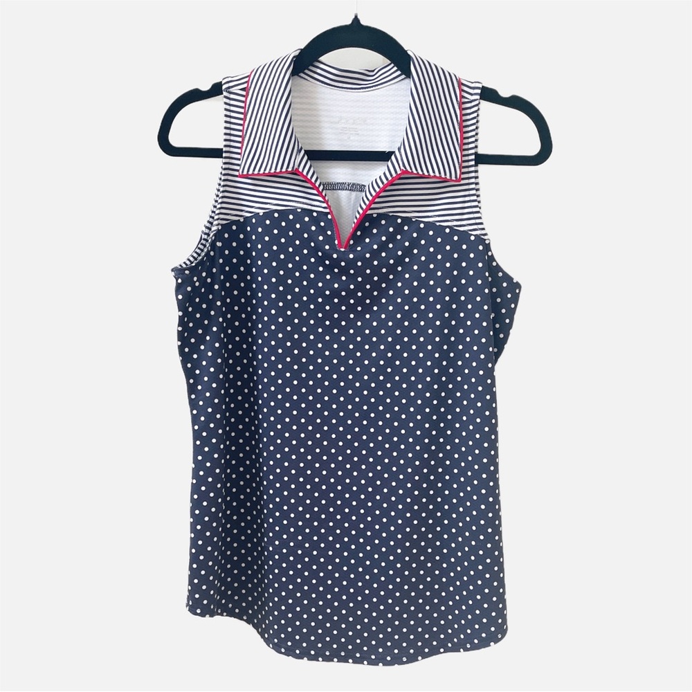 Jofit Navy and White Polka Dot Sleeveless Golf  Polo Tank with Red Trim